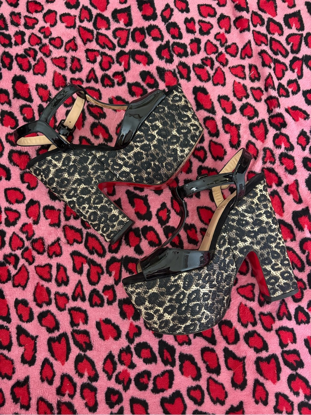 Christian Louboutin Black Patent & Gold Leopard Platform Wedge Sandals Size 39